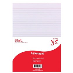 A4 STAT NOTEPAD A4 8MM RULED 55Gsm White 50 Sheet