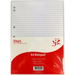 A4 STAT NOTEPAD A4 7MM RULED 55Gsm White 7 Hole Punched 50 Sheet
