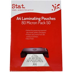 STAT LAMINATING POUCH A4 80 Micron Clear Pack of 50