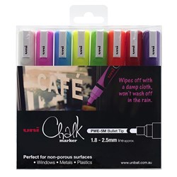 UNIBALL CHALK MARKER BULLET TIP 2.5MM ASSORTED COLOURS PACK OF 8 PWE5M8PASS