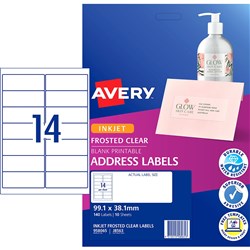 AVERY FROSTED CLAR INKJET LABEL 14UP 99.1X38.1MM 10 SHEETS