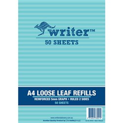 WRITER BINDER REFILLS A4 5MM GRAPH REINFORCED PACK OF 50 Minimum buy quantity of 40pkts