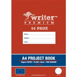 WRITER PREMIUM PROJECT BOOK A4 64 PAGE PLAIN/8MM RULED RED MARGIN APPLE