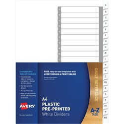 A4 AVERY L7411-AZ DIVIDERS PP A-Z INDEX TABS WHITE