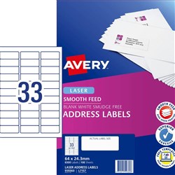 AVERY SMOOTH FEED LABELS Laser 64 x 24.3mm White BX3300 Minimum buy quantity 5 pkts