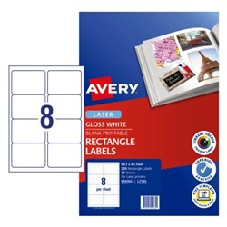 AVERY L7765 COLOUR LASER LABEL 8 SHT 99.1X67.1MM GLOSSY WHITE GLOSS
