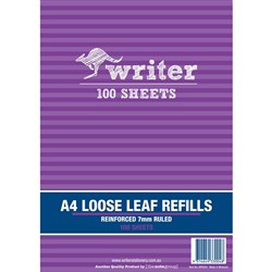 WRITER BINDER REFILLS A4 7MM RULED REINFORCED PACK OF 100