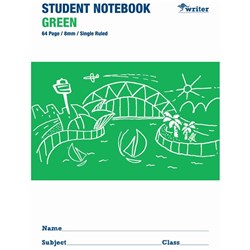 WRITER STUDENT NOTEBOOK 175X250MM 8MM SINGLE RULED 64 PAGES GREEN