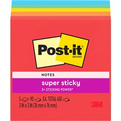 654-5SSAN Post-it SUPER STICKY 73X73 ASSORTED NEON PK/5