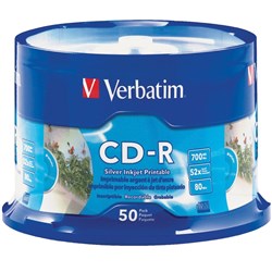 VERBATIM RECORDABLE INKJET 95005 PRINTABLE CD SPINDLE CD-R Silver PK50
