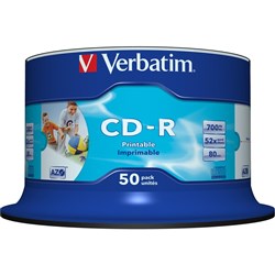 VERBATIM RECORDABLE INKJET CD-R 52X  PRINTABLE 80MIN 700MB WHITE 41908 SPN50