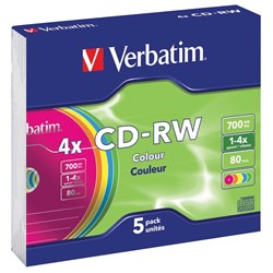 VERBATIM CD-RW 80 REWRITABLE 43133 SLIM CASE COLORS PKT5