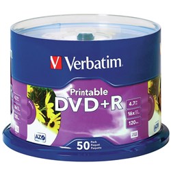 DVD+R 4.7GB WHITE INKJET PRINTABLE 50PK VERBATIM PKT50