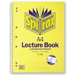 SPIRAX SPIRAL LECTURE BOOK 598 A4 140 PAGE SIDE BOUND POCKETED