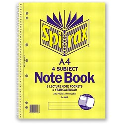 SPIRAX A4 4 SUBJECT NOTEBOOK 606 320 PAGE SIDE BOUND