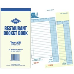 ZIONS RESTAURANT DOCKET BOOKS 22D DUP C/LESS 200X100MM 22 LINES