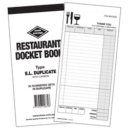 ZIONS RESTAURANT DOCKET BOOKS ELD DUP PEN CARBON 200X100mm 22 LINES