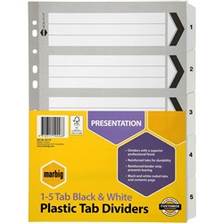 A4 DIVIDERS 5 REINF TAB BRD BLACK/WHITE DIVIDERS A4 5 REINF TAB PK10