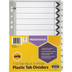 A4 DIVIDERS 12 REINF TAB BRD BLACK/WHITE
