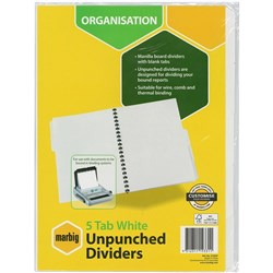 A4 DIVIDER 5 TAB WHITE UNPUNCHED MARBIG ACO 37305 SET 6045-08