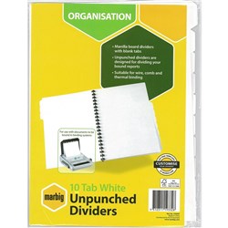 A4 MARBIG WHITE DIVIDER 10 TAB 37405 UNPUNCHED 6050-08 ACO-37405