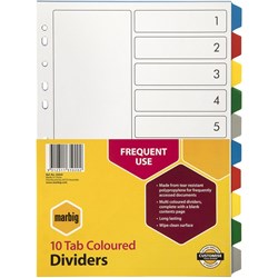 MARBIG COLOURED DIVIDERS A4 PP 10 Tab Multi 35020
