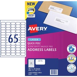 AVERY ADDRESS LASER LABELS L7651 65 L/P/SHT 38.1X21.2MM B6500