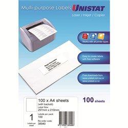 UNISTAT LASER/INKJET/COPIER LABELS 1 L/P/SHT 199.6X289.1MM 38940 BX100