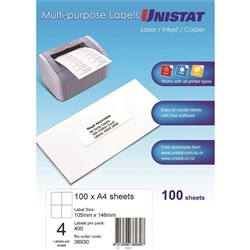 UNISTAT LASER/INKJET/COPIER LABELS 4 L/P/SHT 105X148MM BX400