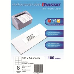 UNISTAT LASER/INKJET/COPIER LABELS 8 L/P/SHT 105X74MM BX100