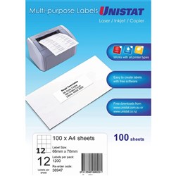 UNISTAT LASER/INKJET LABELS 12/SHT 68X700MM WHITE