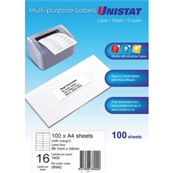 UNISTAT LASER/INKJET LABELS COPIER 16/SHT 99X38 MARGIN
