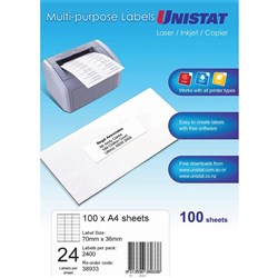 UNISTAT LASER/INKJET/COPIER LABELS 24 L/P/SHT 70X36MM BX100