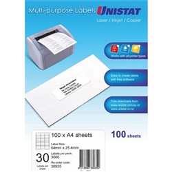 UNISTAT LASER/INKJET LABELS COPIER 30/SHT 64X25.4MM