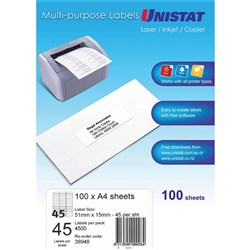 UNISTAT LASER/INKJET LABELS 45 SHT 51X15MM WHITE