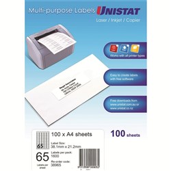 UNISTAT LASER/INKJET LABELS 65/SHT 38.1X21.2MM WHITE