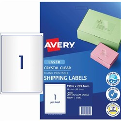 AVERY CLEAR LASER LABELS L7567 1 L/P/Sht 199.6x289.1mm PK25