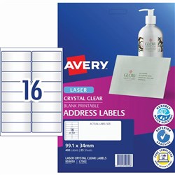 AVERY L7562 CLEAR LASER LABELS 16/SHT 99.1x33.9MM PK25