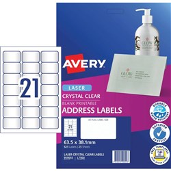 AVERY CLEAR LASER LABELS L7560 21 L/P/SHT 63.5 X 38.1MM PK525