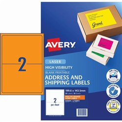 AVERY L7168FO LASER LABELS 2/Sht 199.6x143.5mm Fluoro Orange Pack of 10