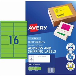 A4 AVERY LABEL 99.1X34MM FLURO GREEN A4/16 PAGE L7162FG 35932 PK400