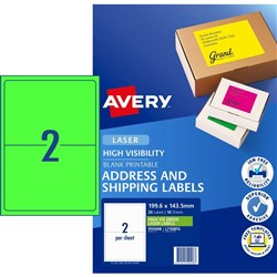 AVERY L7168FG LASER LABELS 2 /Sht 199.6x143.5mm Fluoro Green pack 10