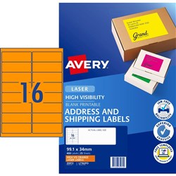 AVERY FLURO LASER LABELS L7162FO 16 L/P/Sht 99.1x34mm Fluoro Orange PK400