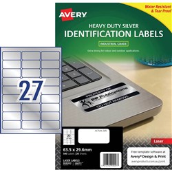 AVERY HEAVY DUTY LASER LABELS L6011  27 UP 63.5x30mm SILVER BOX20