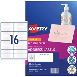 AVERY CLEAR INKJET LABELS J8562 16 L/P/SHT 99.1X34MM ADDRESS PK400