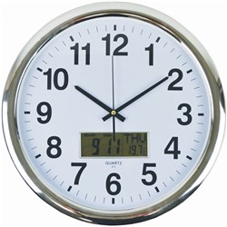 ITALPLAST LCD &TEMP WALL CLOCK 43cm Chrome Frame/White Face