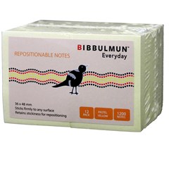 BIBBULMUN STICKY NOTES 36X48MM YELLOW PACK OF 12
