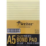 WRITER A5 PREMIUM BOND 50 SHEET RULED 2 SIDES YELLOW PK5