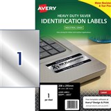 AVERY HEAVY DUTY LASER LABELS ASSET TAGS SILVER L6013 208X295MM 1UP 20 LABELS