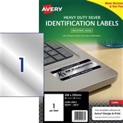 AVERY HEAVY DUTY LASER LABELS ASSET TAGS SILVER L6013 208X295MM 1UP 20 LABELS